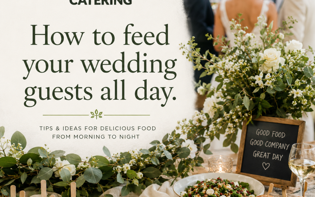 Promotional graphic for Devon Catering titled “How to feed your wedding guests all day,” featuring a wedding reception scene with food displays including salads, appetizers, yogurt parfaits, and sliders, alongside floral decorations, a couple in the background, and a chalkboard sign reading “Good food, good company, great day.”